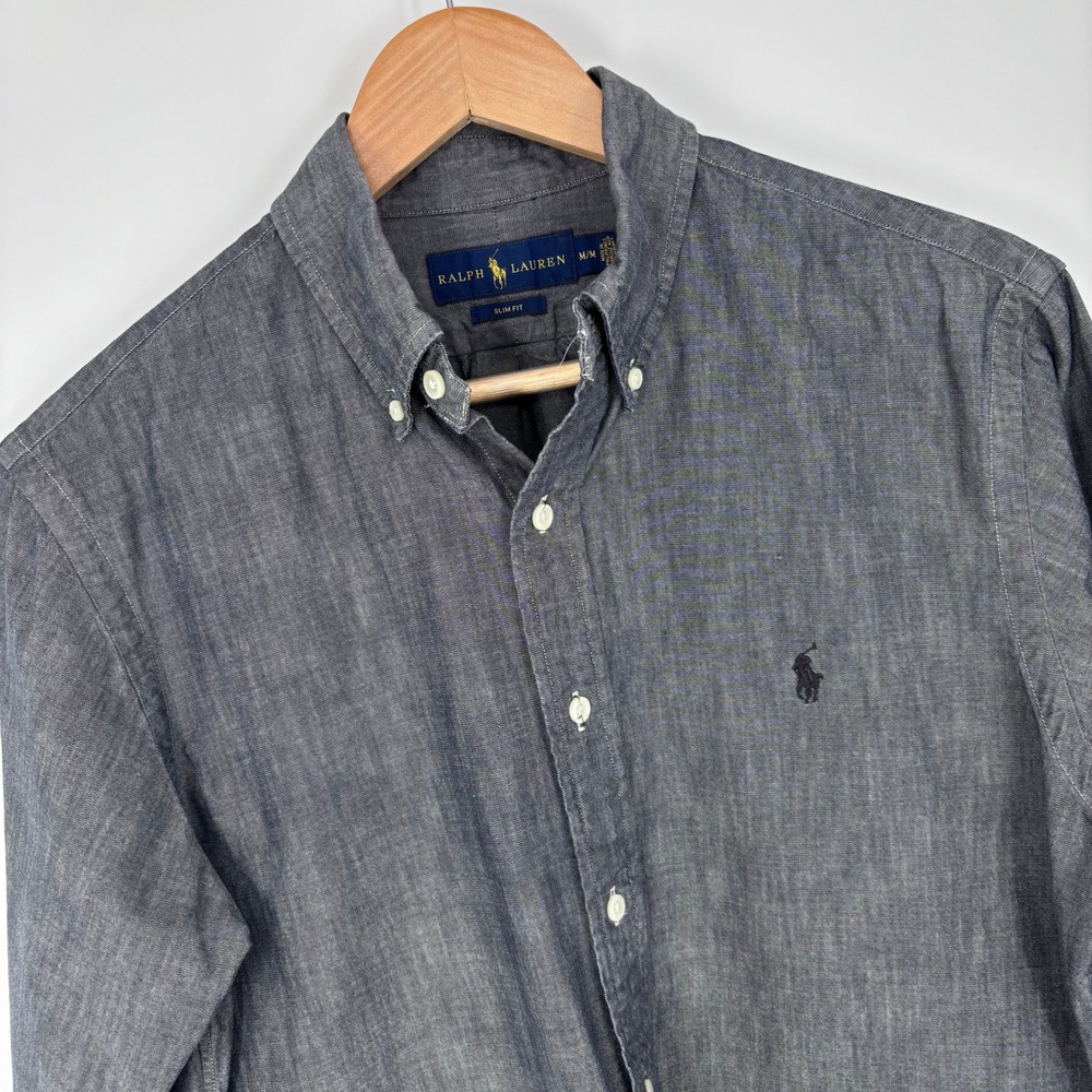 Polo Ralph Lauren Chambray Button Down Shirt Mens M Grey Slim Fit Preppy